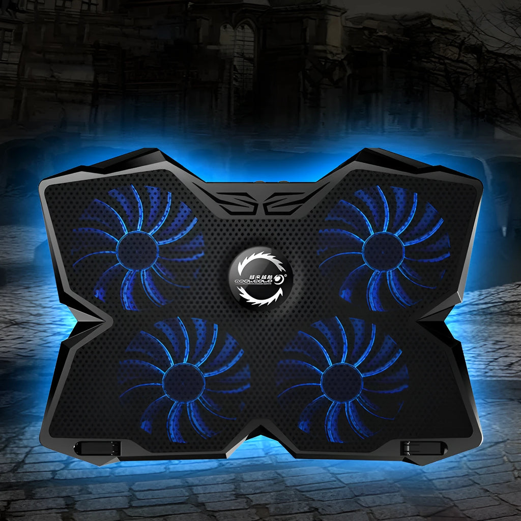 Laptop cooling base with four blue LED fans, speed switches, and USB ports on cooling pad