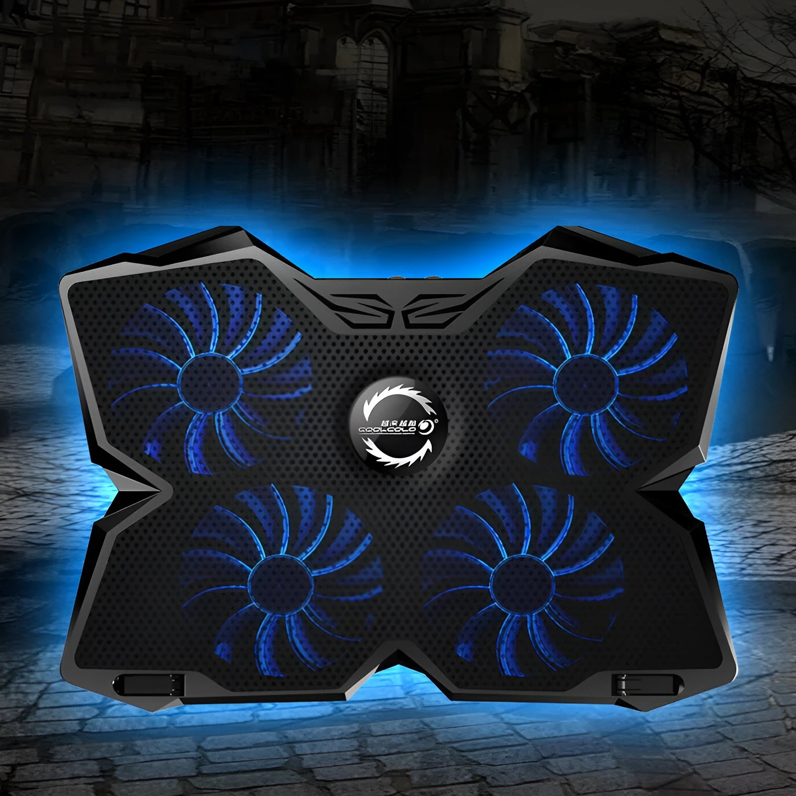 Laptop cooling base with four blue LED fans, speed switches, and USB ports on cooling pad