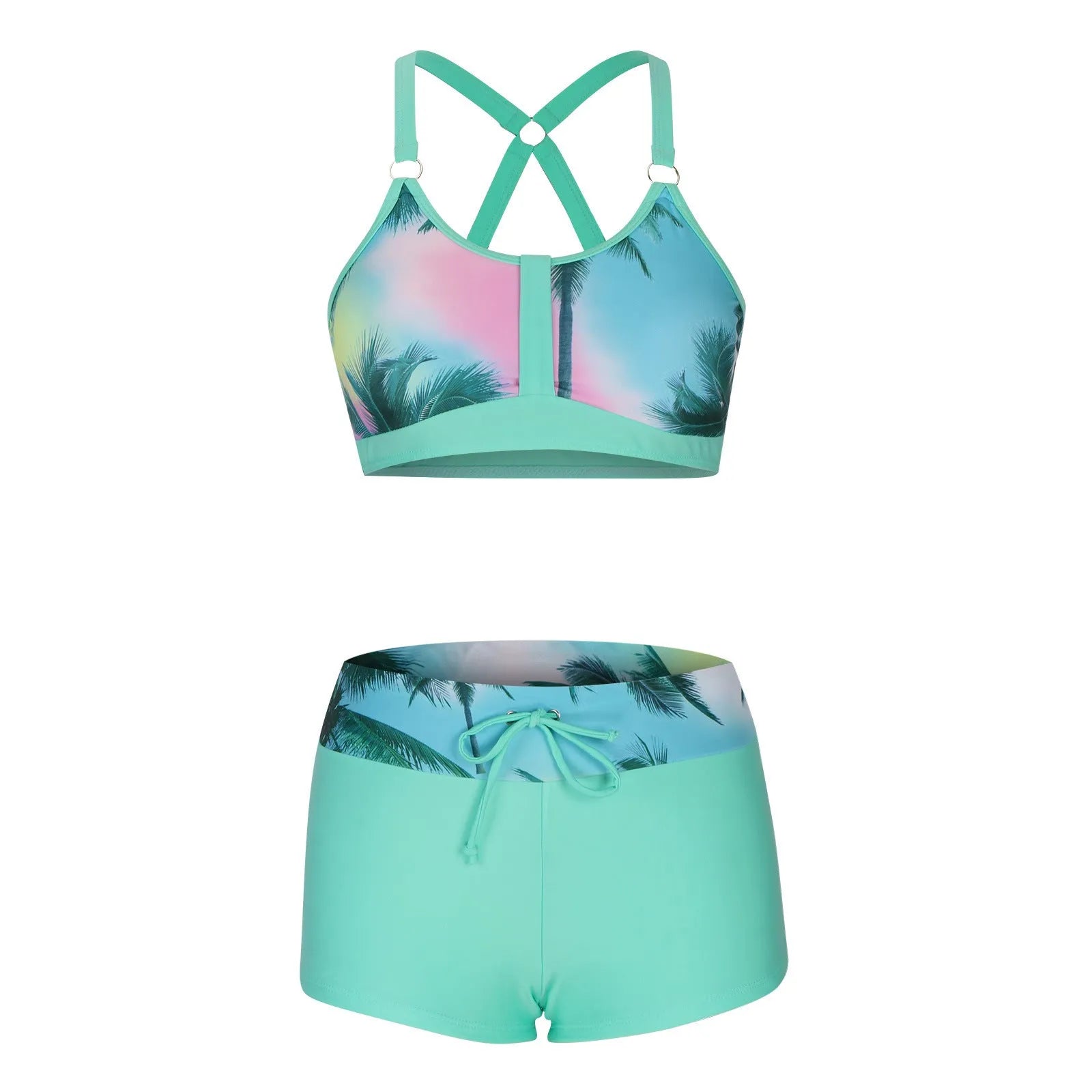 Women's floral print split bikini swimsuit set in polyester fabric