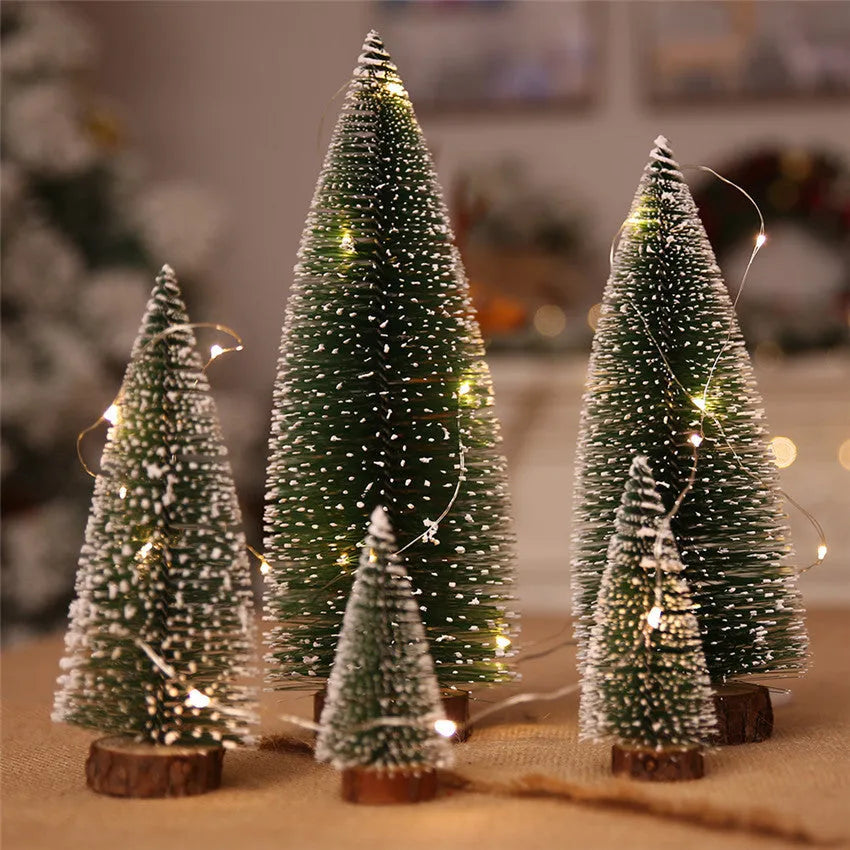 Artificial Christmas pine needle tree decoration in green and white, 15 cm height for tabletop display