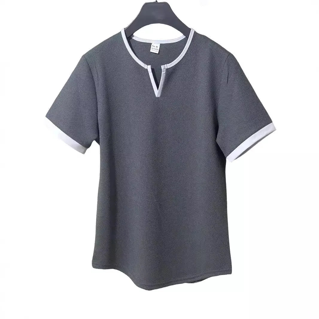 Colour-block V-neck outdoor sports waffle t-shirt in army green, polyester short-sleeve top