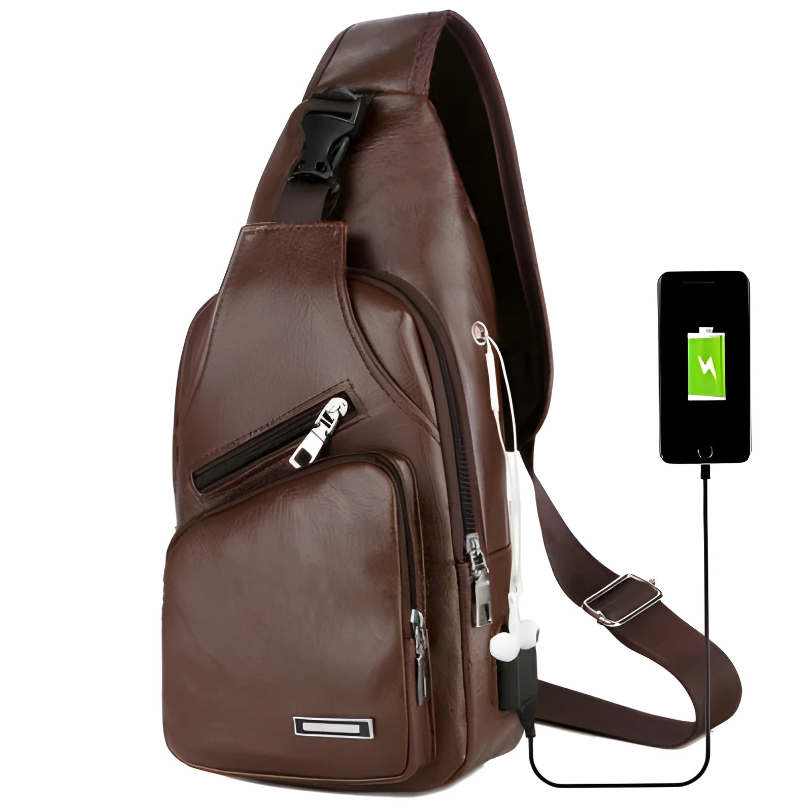USB charging chest bag in black PU leather with embossed pattern showing front zipper and USB port