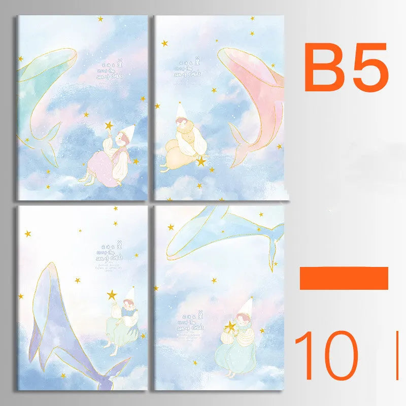 Bundle of ten soft-cover kraft paper notebooks with thread binding in various animal and nature designs.