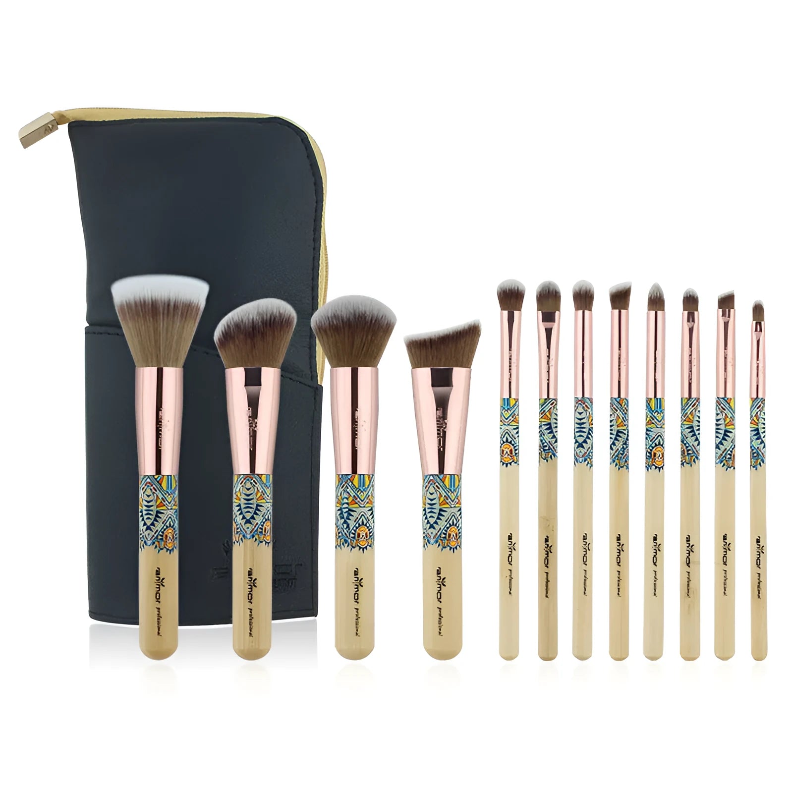 12 makeup brushes with man-made fibre bristles and wooden handles, arranged on a flat surface
