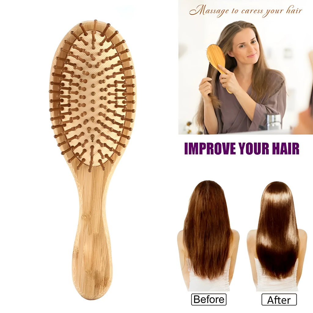 Carbonised bamboo massage comb 66x218mm on neutral background with smooth wooden surface visible