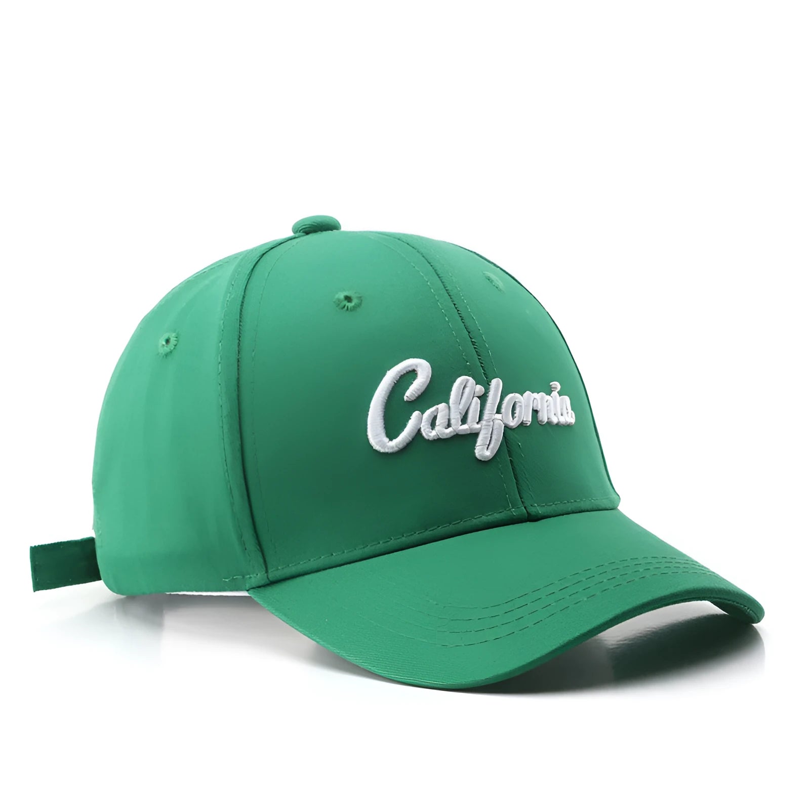 Cotton baseball cap with letter embroidery, curved brim, dome top, adjustable size, in green colour.