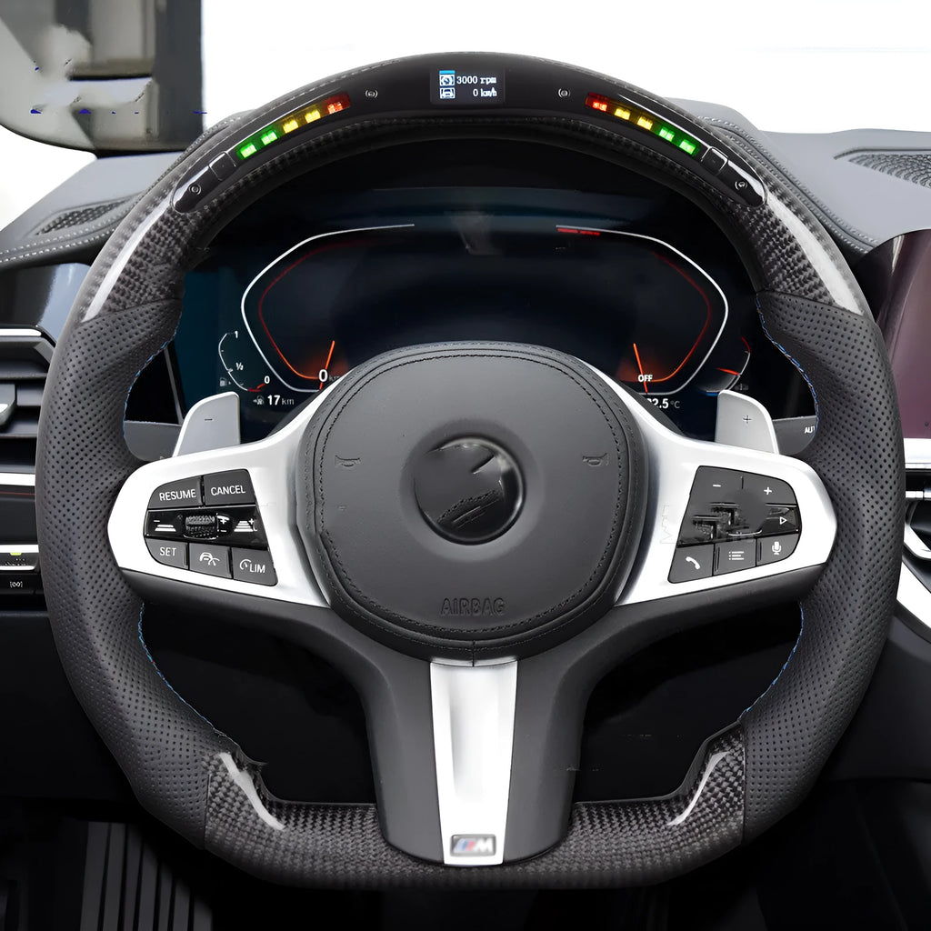 Black carbon fibre BMW steering wheel with LED display and heating controls