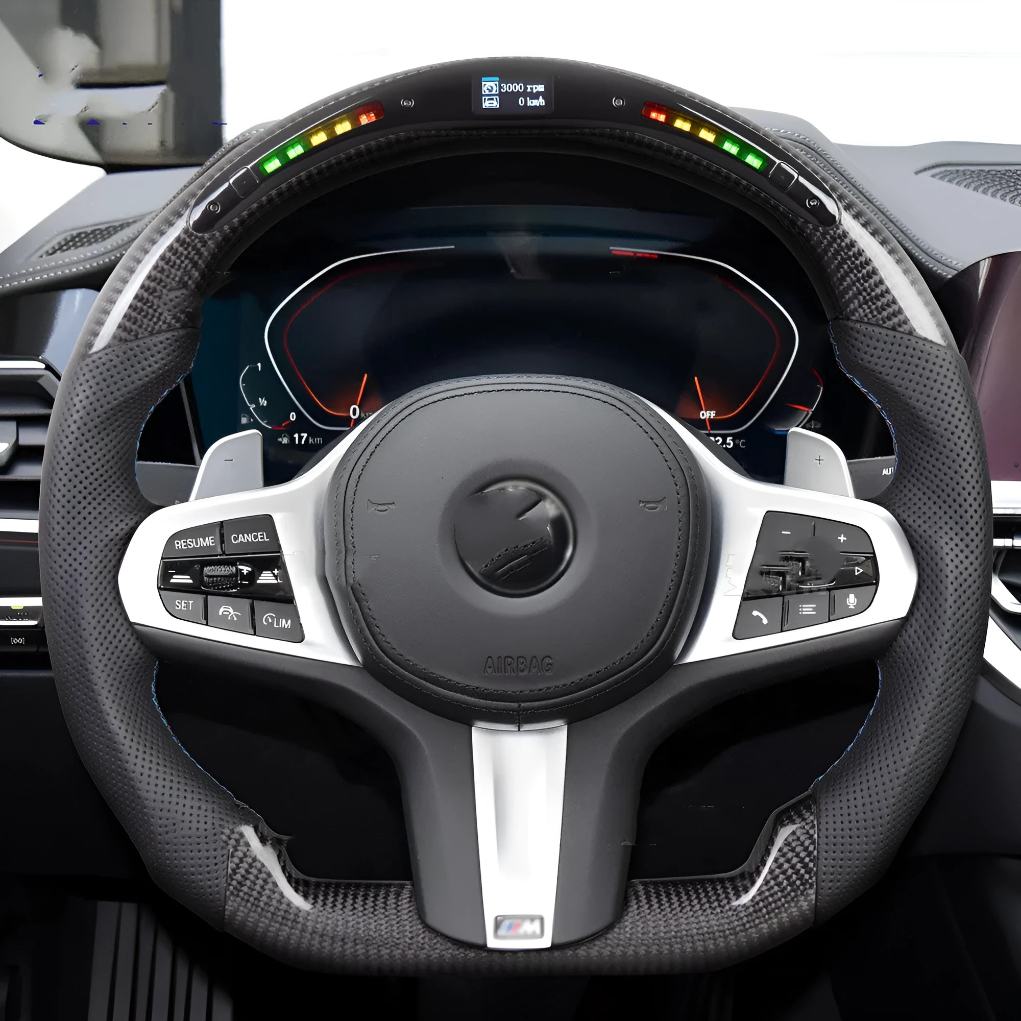 Black carbon fibre BMW steering wheel with LED display and heating controls