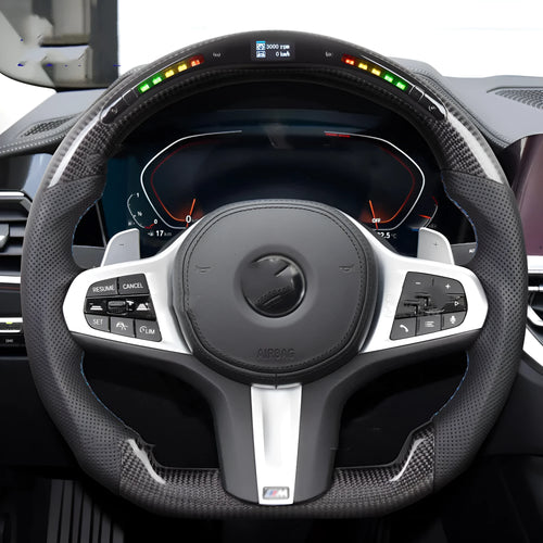 Black carbon fibre BMW steering wheel with LED display and heating controls