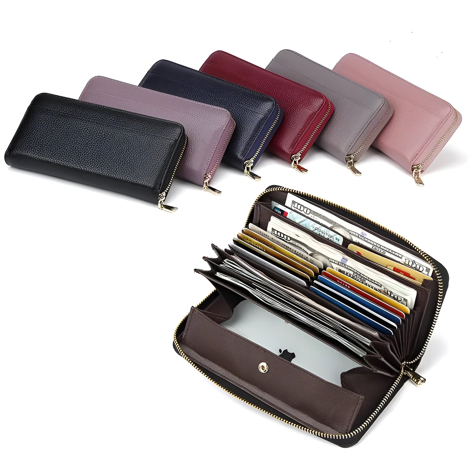 Genuine leather long bifold wallet for women in multiple solid colours showing bifold design.