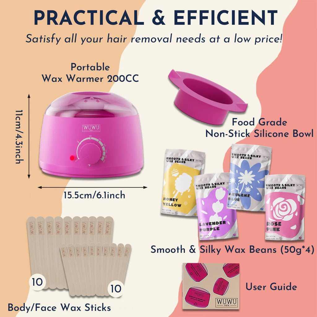 27-piece hair removal wax kit with four coloured wax beads, wax machine, applicator sticks and guidebook for home waxing