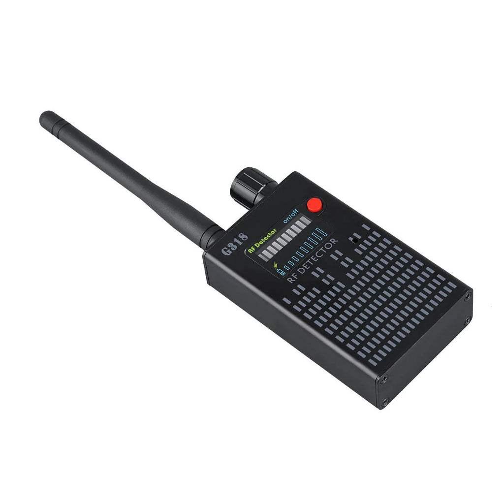 Black G318 anti-theft camera detector with aluminum alloy body measuring 102mm length