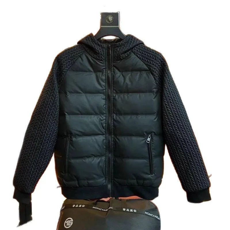 Men's black thick slim-fit hooded winter coat in polyester fibre on model