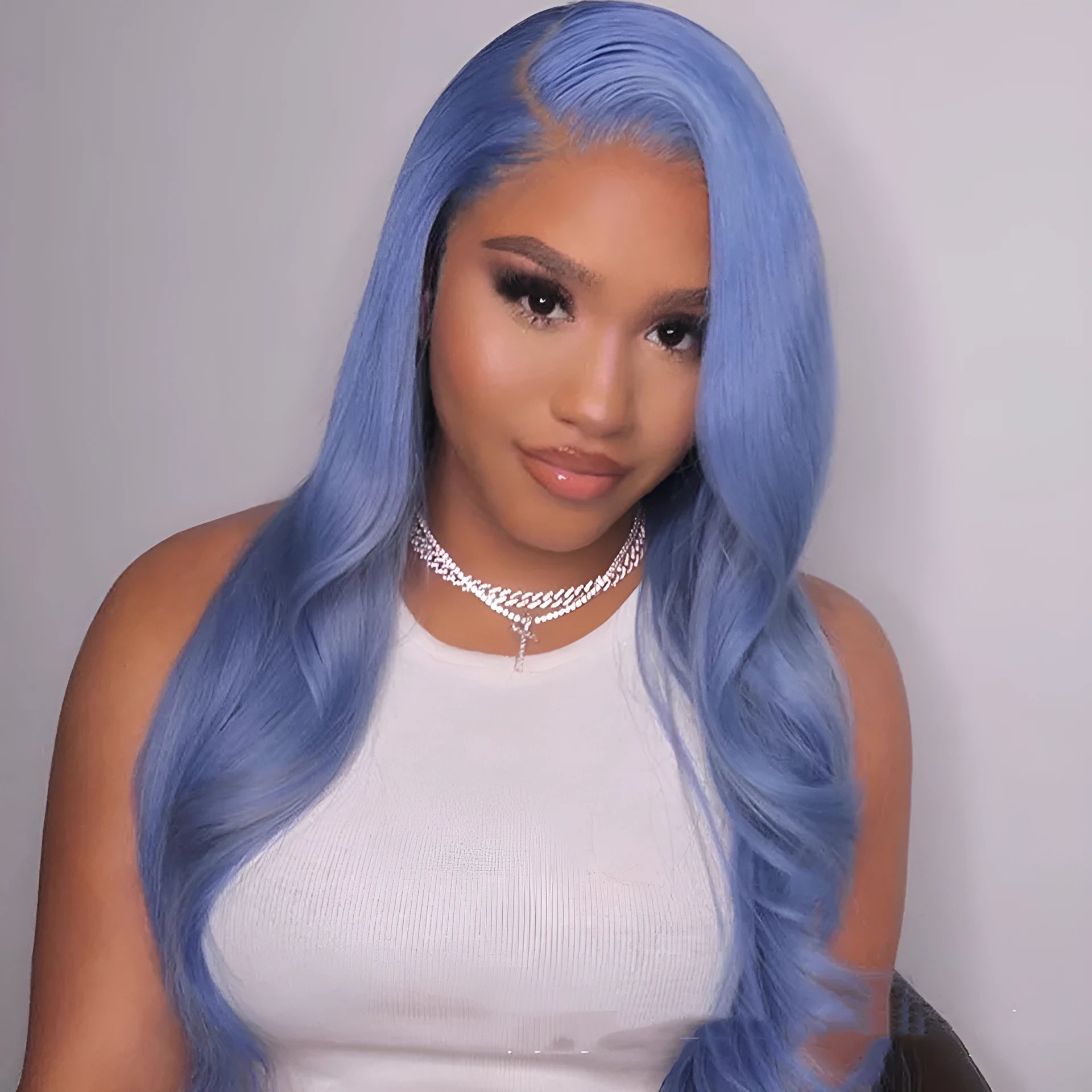 Body wave human hair lace front wig showing 13x4 construction and medium long length
