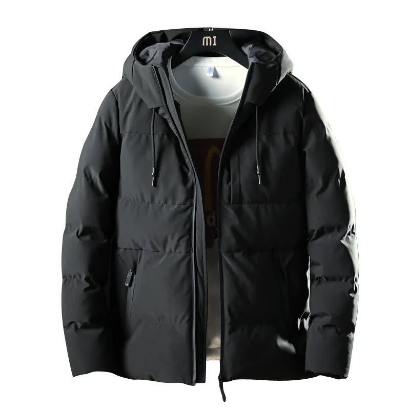 Men's hooded thick solid colour slim casual cotton coat with zipper, side pockets, and hood in black.