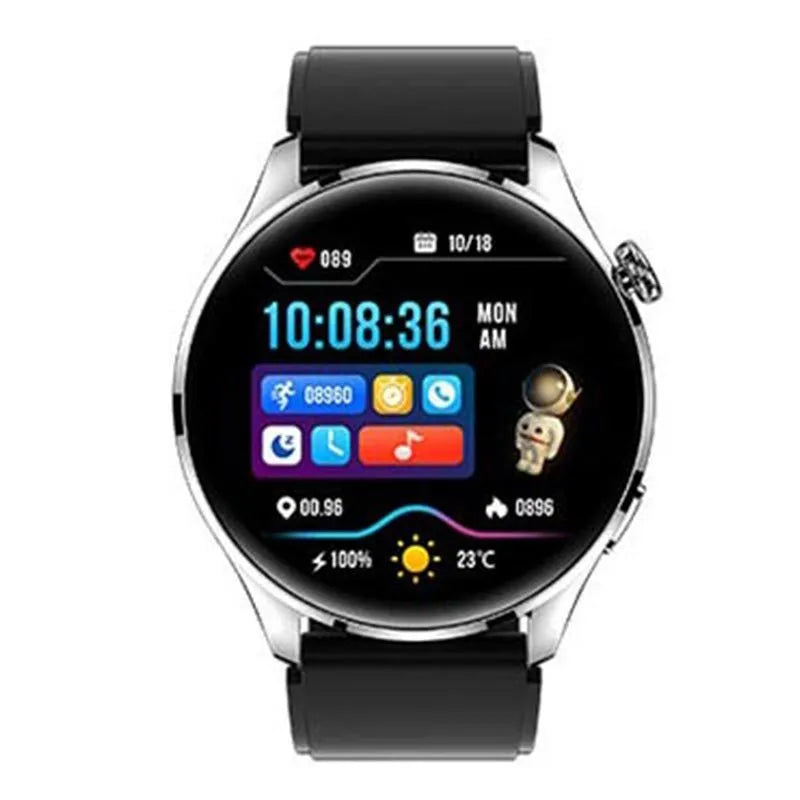 Smart watch with round colour screen and black silicone strap, showing Bluetooth calling interface.