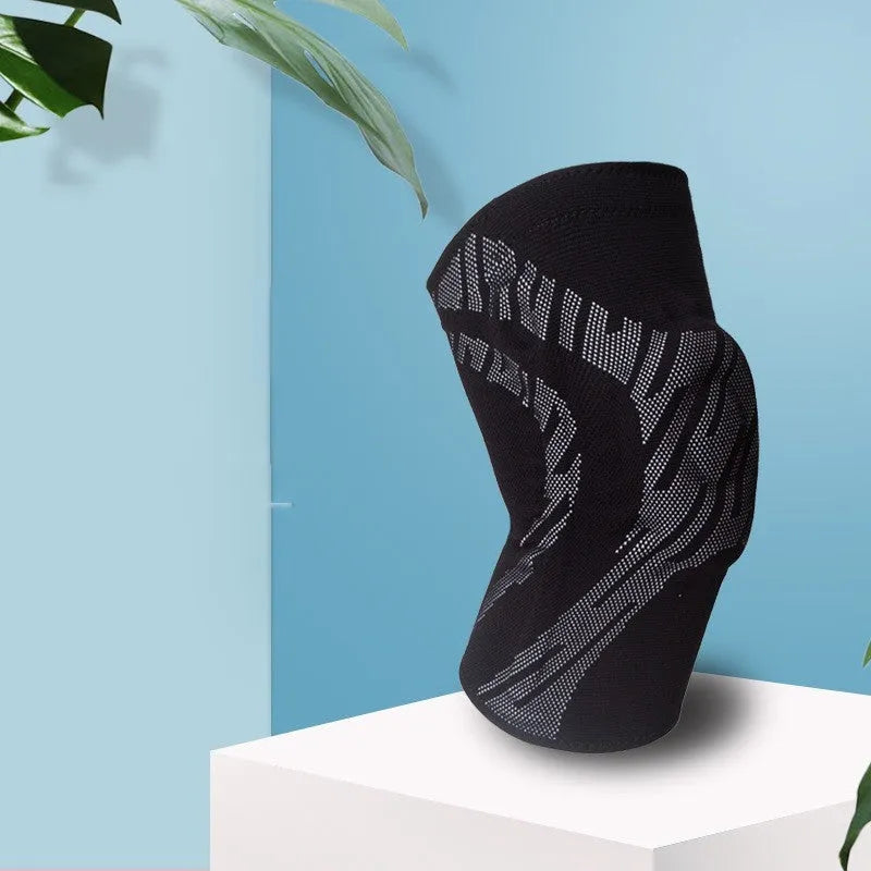 Men's black basketball knee pads showing compression fit and protective kneecap design