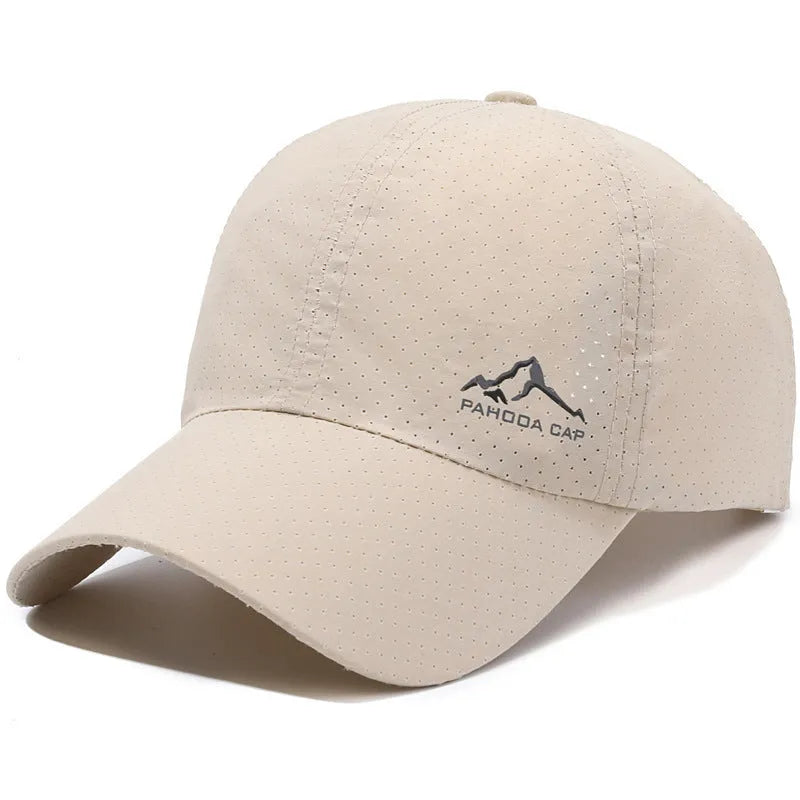 Adjustable polyester baseball cap in Army Green colour with breathable hollow design on a white background.