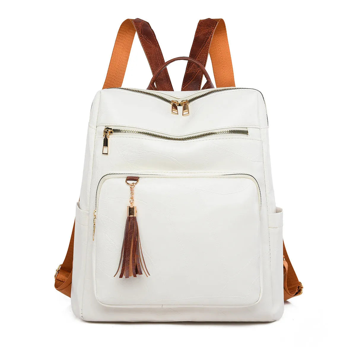 Women's large-capacity retro fashion backpack in white with plaid pattern and soft PU construction