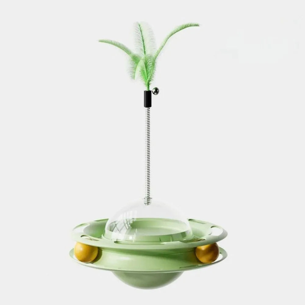 Cat UFO tumbler turntable toy with blue plastic base and feather attachment on a white background, pet entertainment product