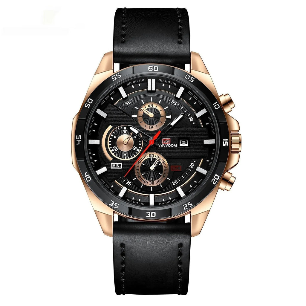Men's waterproof quartz watch with calendar display and decorative metal casing