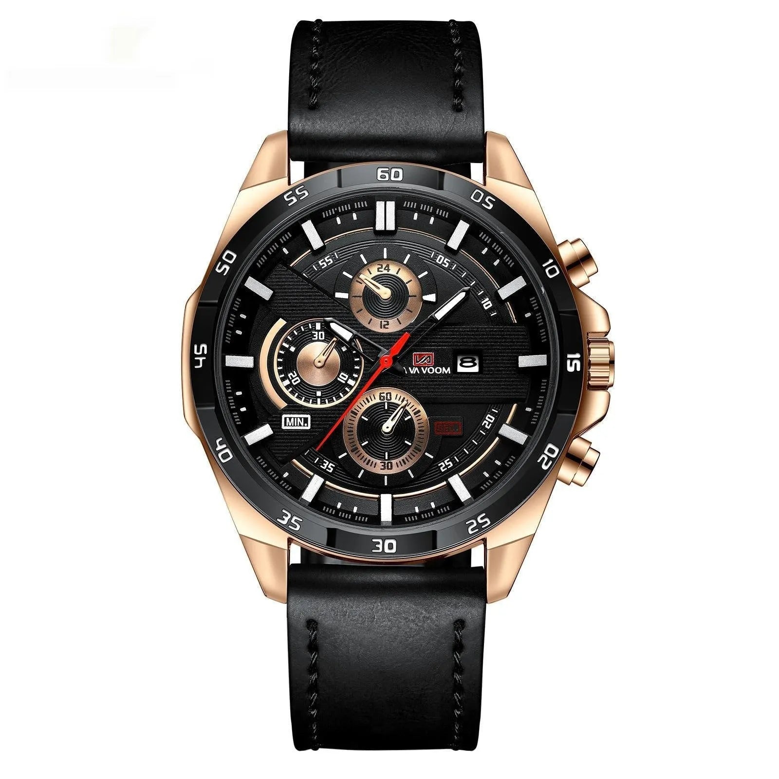 Men's waterproof quartz watch with calendar display and decorative metal casing