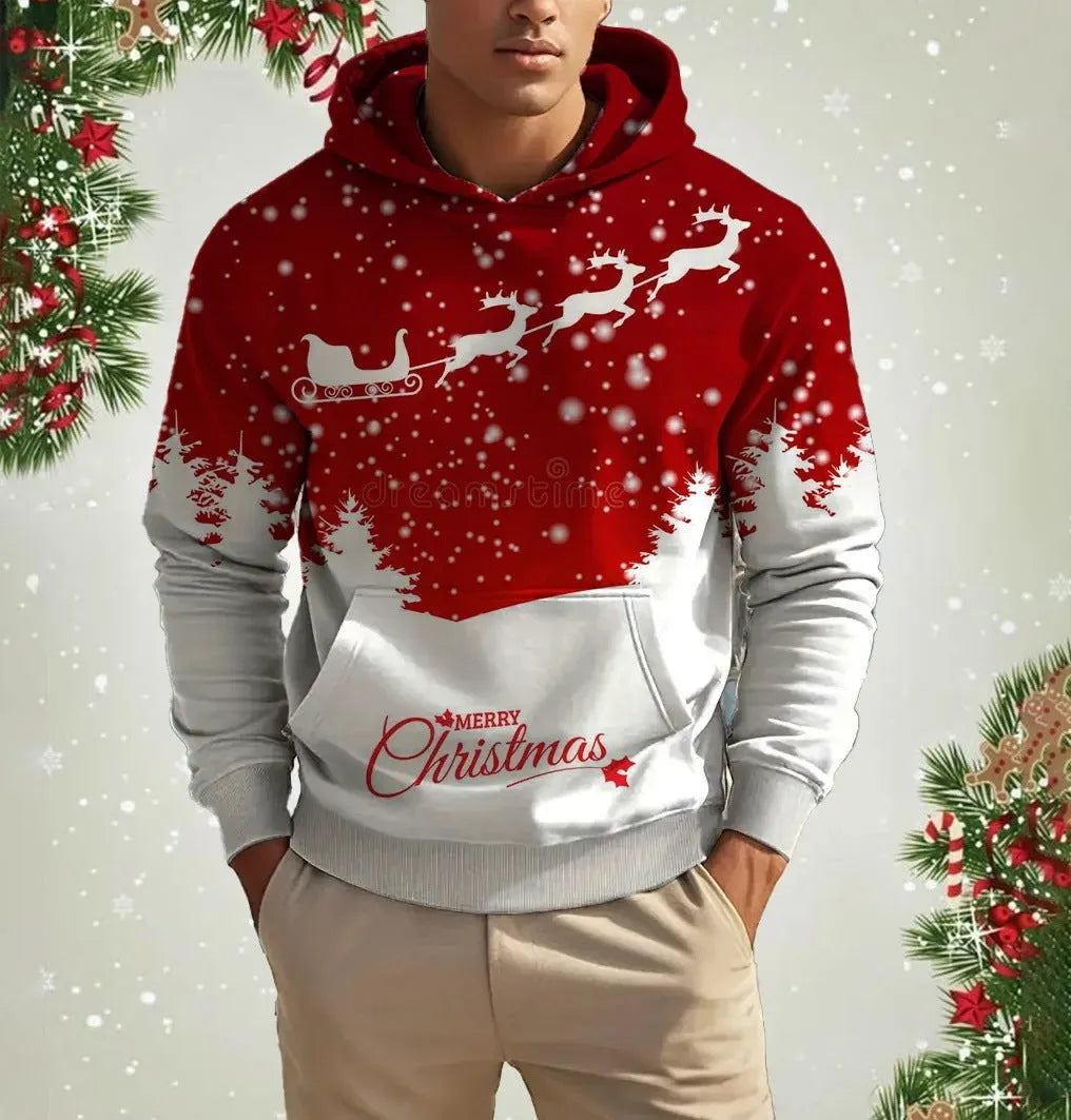 Men's Christmas reindeer 3D printed hoodie in red, front view, pullover style, polyester fibre fabric.