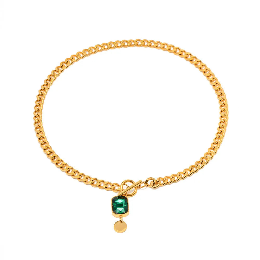 Gold colour French retro geometric pendant necklace with emerald zircon on a titanium steel Cuban link chain