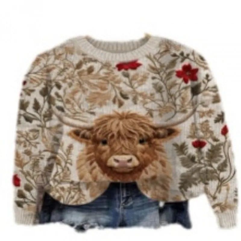 Little flower digital print on a round neck polyester sweater, shown on a hanger.