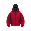 Women's loose fit solid colour polyester fleece zip top with faux fur trim on hood, front view