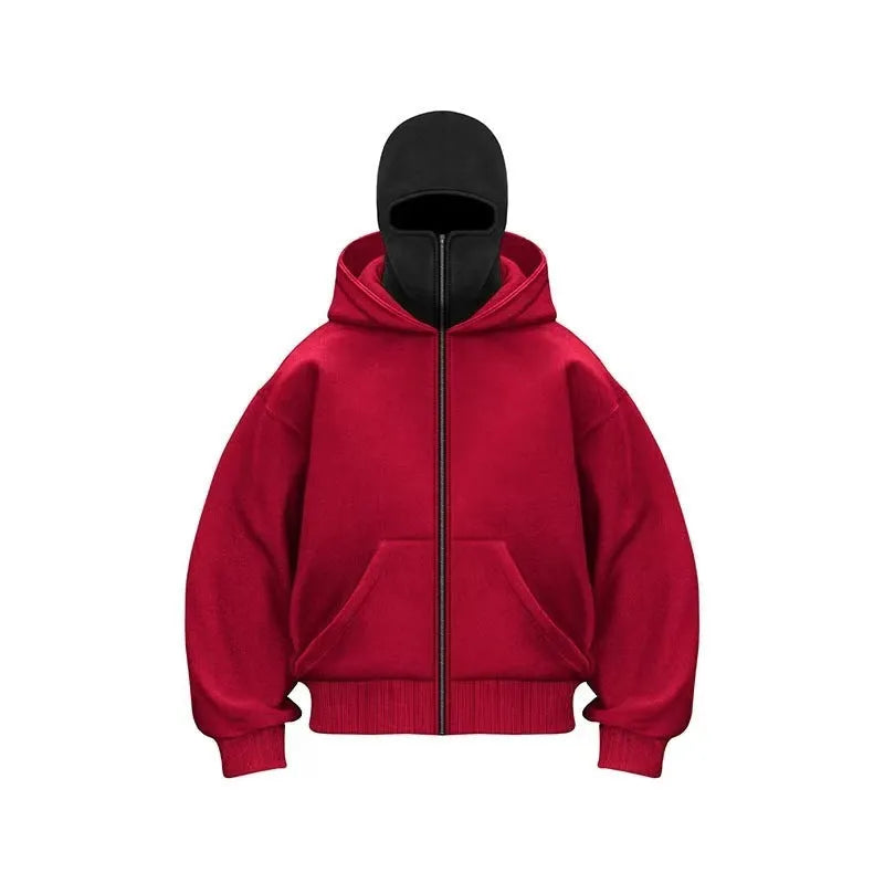 Women's loose fit solid colour polyester fleece zip top with faux fur trim on hood, front view
