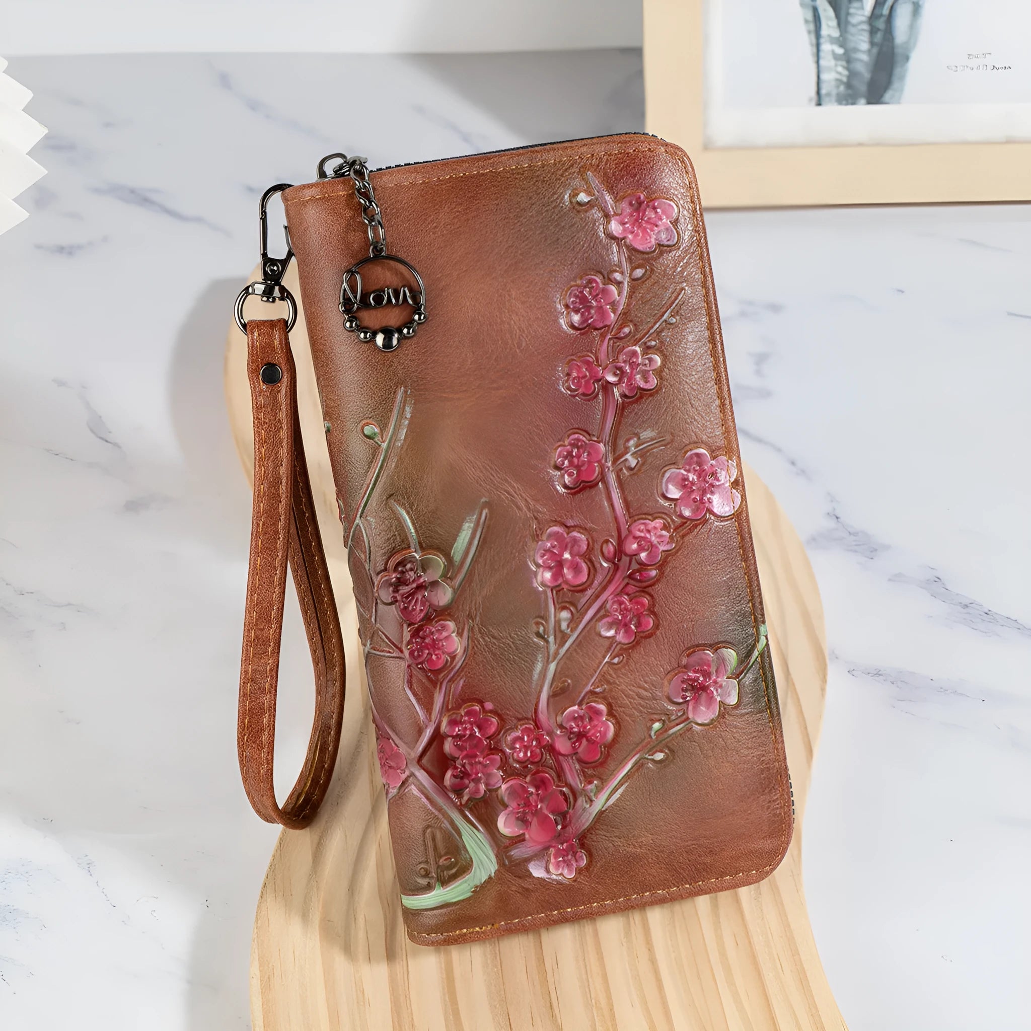 Embossed floral pattern Chinese style zipper handbag in polyurethane with three colour options