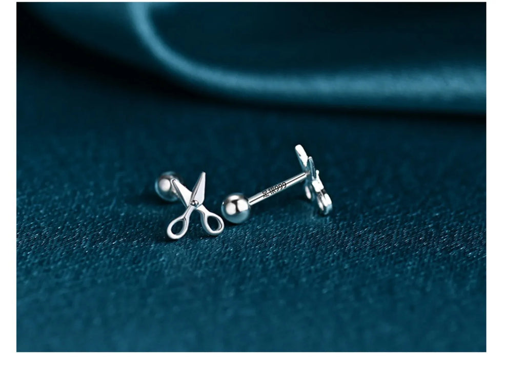 S999 pure silver screw style ear nails with miniature scissors design motif