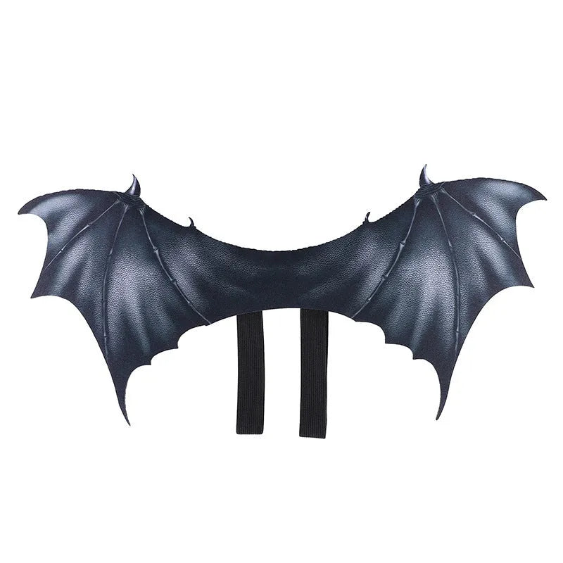 Black cloth bat wings pet Halloween costume showing three wing size options for dogs and cats
