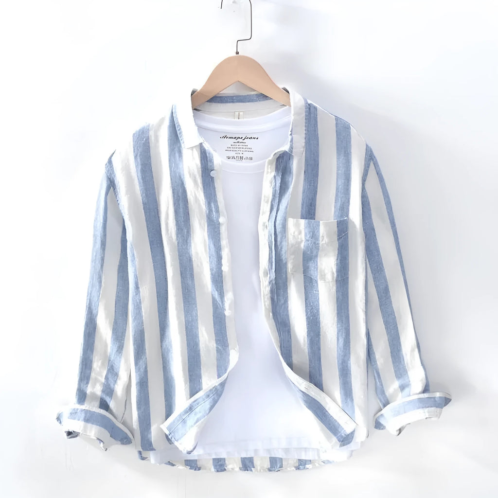 Men's blue Hong Kong style long sleeve shirt with loose fit fleece-lined construction