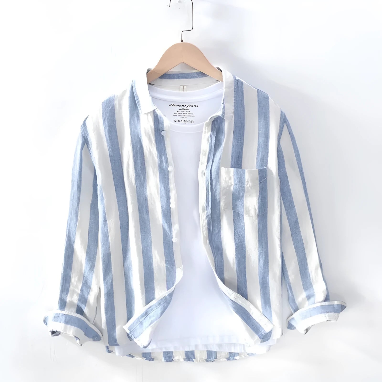 Men's blue Hong Kong style long sleeve shirt with loose fit fleece-lined construction