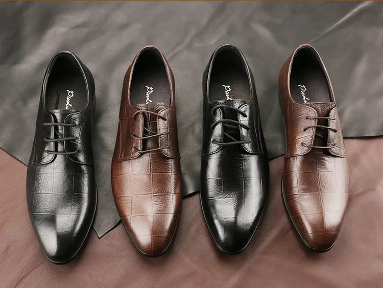 Men's black leather derby shoes with pointed toe and checkered stitching detail