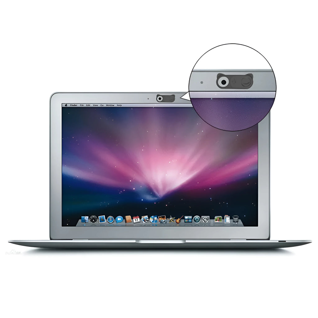 Black plastic sliding webcam privacy cover 18 x 9 mm placed over laptop camera lens