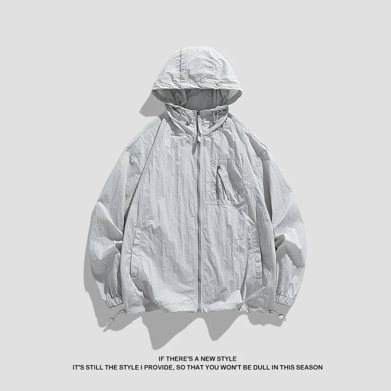Men and women couple sun protection jacket in light army green, lightweight hooded Lycra fabric, available in multiple sizes