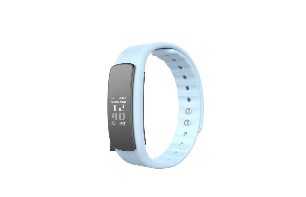 I6 smart sports bracelet with 0.96 inch touch screen in black or green colour showing fitness tracking display