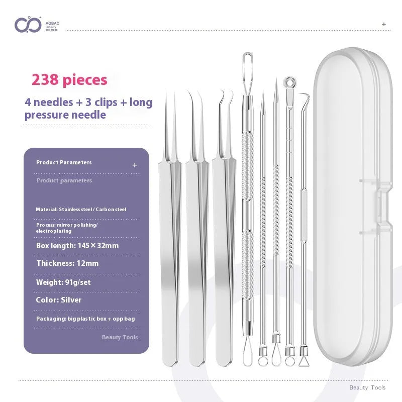 Four-piece silver metal acne needle set with fine-pointed needles and a clip for skin blemish removal.