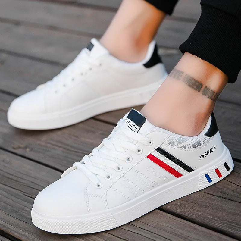 Men's sports shoes shown in black, also available in grey and white, with EU size tags from 39 to 44.