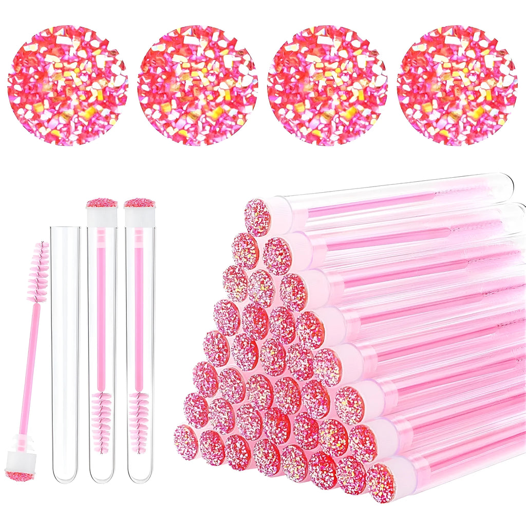 Disposable eyelash brushes in blue, green, pink and purple colours with transparent protective storage tubes