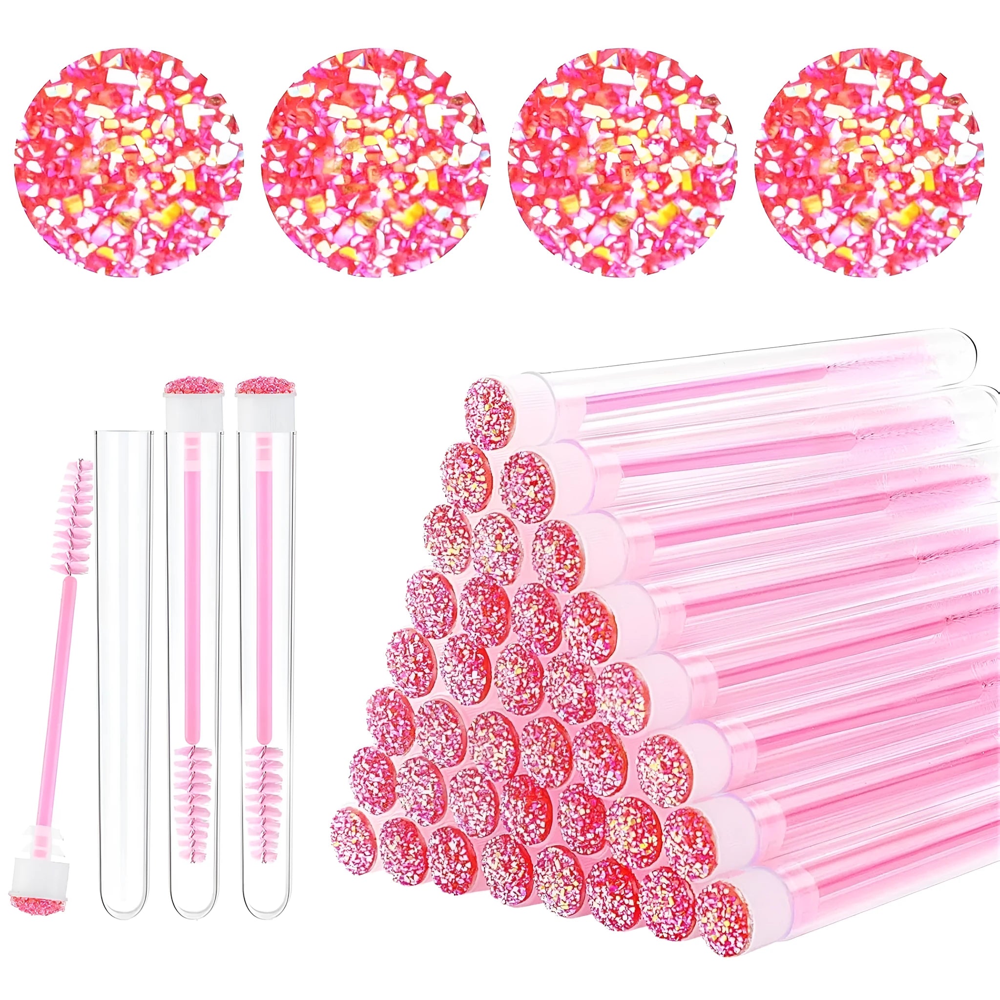 Disposable eyelash brushes in blue, green, pink and purple colours with transparent protective storage tubes