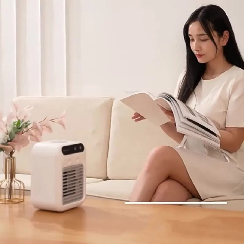 Ivory white portable air cooler with water cooling and atomization, USB powered, touchscreen control, 25W