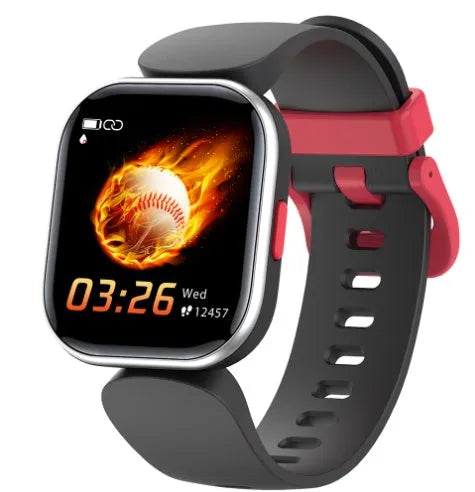 Blue H39T children's smartwatch with a black sports strap on a wrist, showing its 1.4-inch touchscreen.