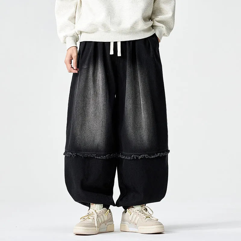 Large size Japanese Hong Kong style retro loose harem bloomers in cotton denim, low waist drawstring, black colour