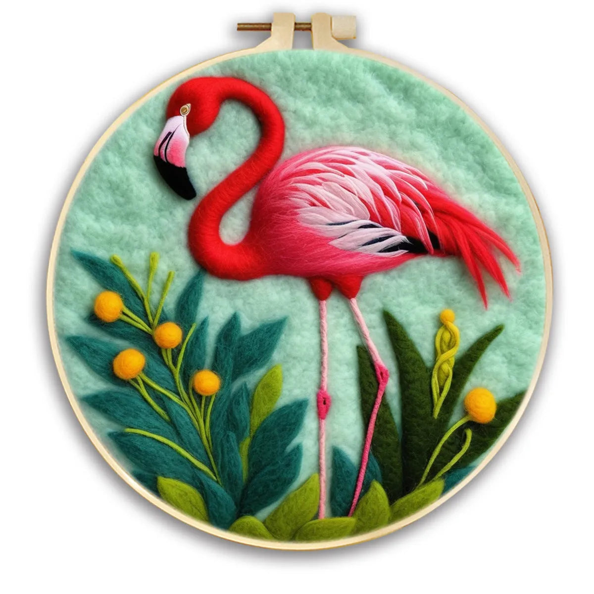 Round 20x20 cm linen embroidery kit with wool felt pieces for floral design and included embroidery frame.