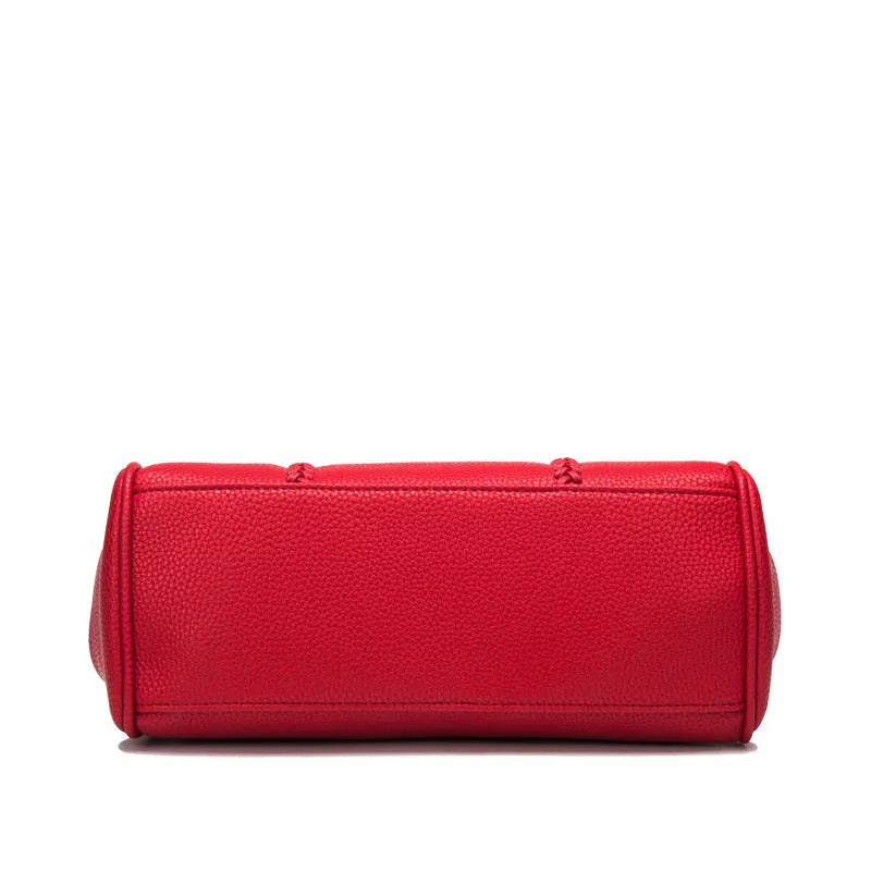 Women's lychee pattern cowhide leather handbag with crossbody strap, 31cm width, 13.5cm thickness, 22cm height, available in black colour option