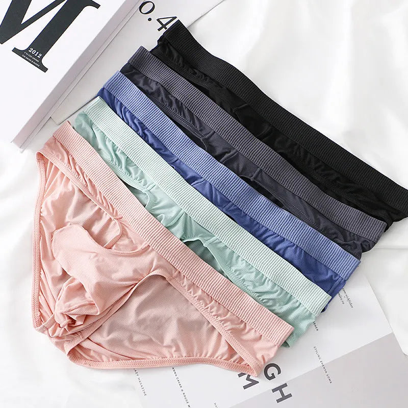 Men's low waist ice silk briefs in black, gray, purplish blue, light green, and pink colours